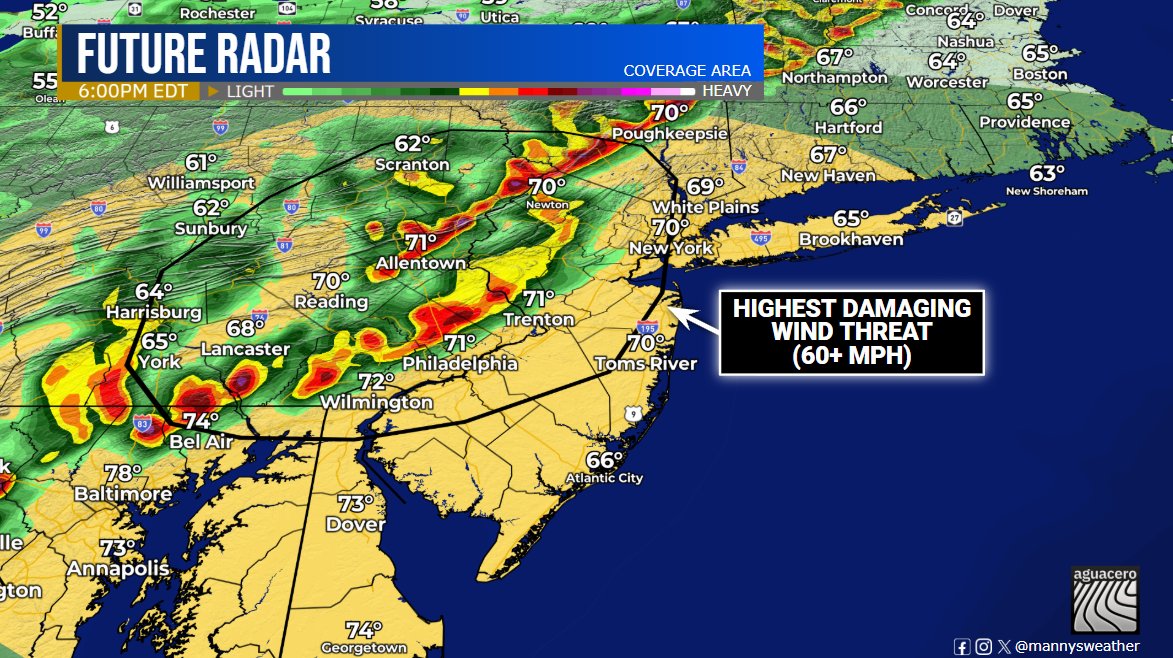MannysWeather's tweet photo. Tracking Severe Weather ⚡

A squall line will develop along a cold front Friday afternoon. With a sufficient environment in place, damaging winds (60+ mph) are the main concern, and a brief tornado can't be ruled out. Stay Tuned!

#NJwx #PAwx #NYwx #MDwx #severewx #wxtwitter
