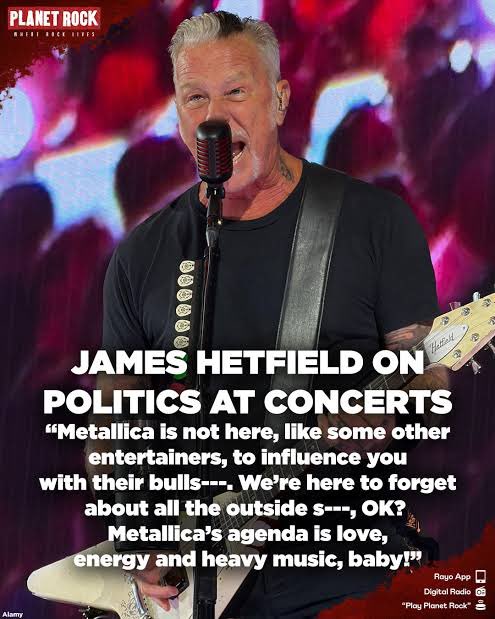 ShmickThird's tweet photo. I would’ve thought that (most) metal fans are open-minded enough to appreciate the difference between having a catalogue of songs that sometimes touch on “political” themes &amp; actively preaching political opinions at concerts.

Hetfield &amp; Co. have been saying this for decades. ⬇️ https://t.co/xPZ5QH70dY