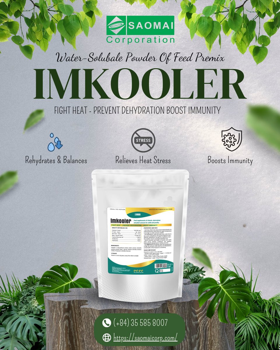 SaoMaiCorp68's tweet photo. IMKOOLER provides strong protection against heat stress and dehydration
#saomaicorp #imkooler #animalhealth #stress #antistress #summer #veterinarymedicine https://t.co/ParzyP9qcD