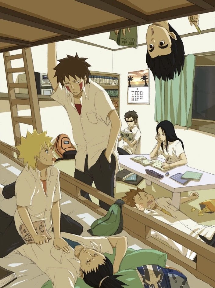whispyberrie's tweet photo. saw this old reposted art in lft and .... i have so many questions why is sasuke in a magazine.. lee reading upside down.. and why is naruto split open on shika JSJSJ like !? 😭 https://t.co/zDqtsr6FZn