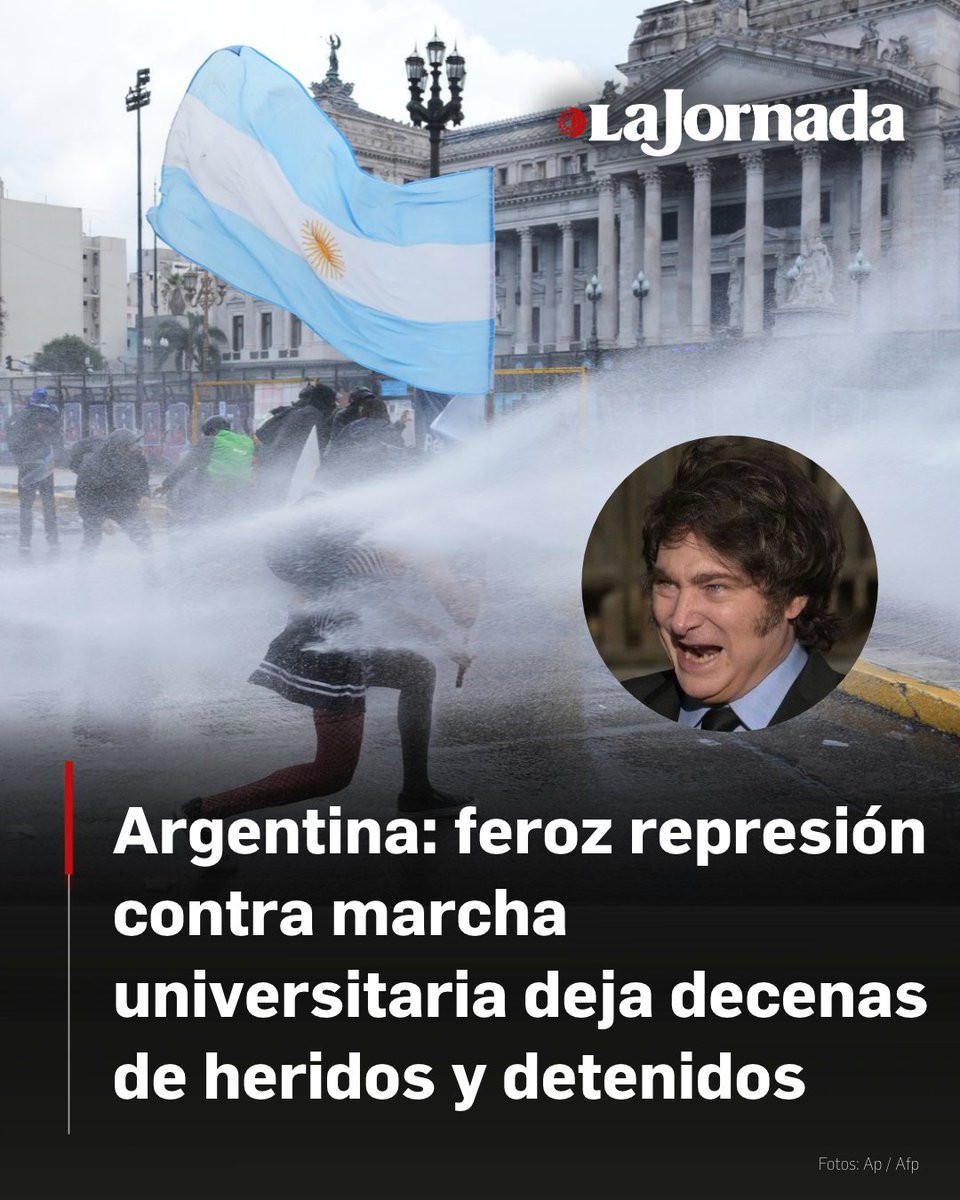 lajornadaonline's tweet photo. Decenas de heridos, lesionados y detenidos, periodistas fotógrafos y camarógrafos atacados, fue el saldo de una de las más feroces represiones que se han producido en Buenos Aires. 

Todo para impedir la llegada a la Plaza del Congreso de la quinta multitudinaria marcha de estudiantes, docentes y trabajadores universitarios reclamando el presupuesto que le corresponde a las universidades públicas, que en más de cuatro fallos jueces ordenaron al gobierno de Javier Milei, pagar esa deuda.

Lee la nota: https://t.co/HGAXKW6URe