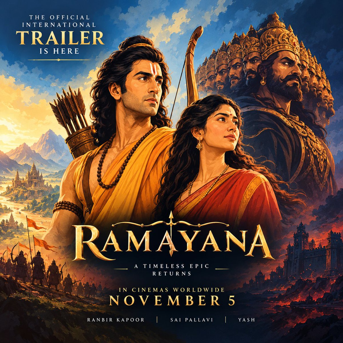 FrameByAnish's tweet photo. The new international #Ramayana trailer is here! 🔥 Ranbir Kapoor as Ram, Sai Pallavi as Sita and Yash as Ravana — the scale looks EPIC. November 5 can't come soon enough! 🙏

#RanbirKapoor #Yash #SaiPallavi https://t.co/HIfwJTEPNf
