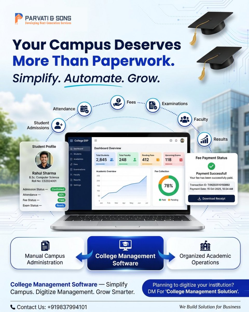 AndParvati's tweet photo. 🎓 Simplify Campus Management with Parvati and Sons! 🚀 Smart software for smarter colleges.

#CollegeManagementSoftware #EdTech #CollegeAutomation #ParvatiAndSons https://t.co/0yCAjjVmES