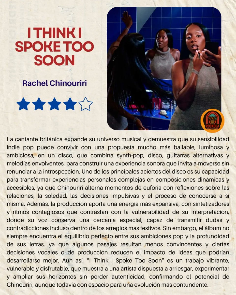 RockolaCol's tweet photo. I THINK I SPOKE TOO SOON - RACHEL CHINOURIRI
⭐️⭐️⭐️⭐️ https://t.co/EistKjHXiK