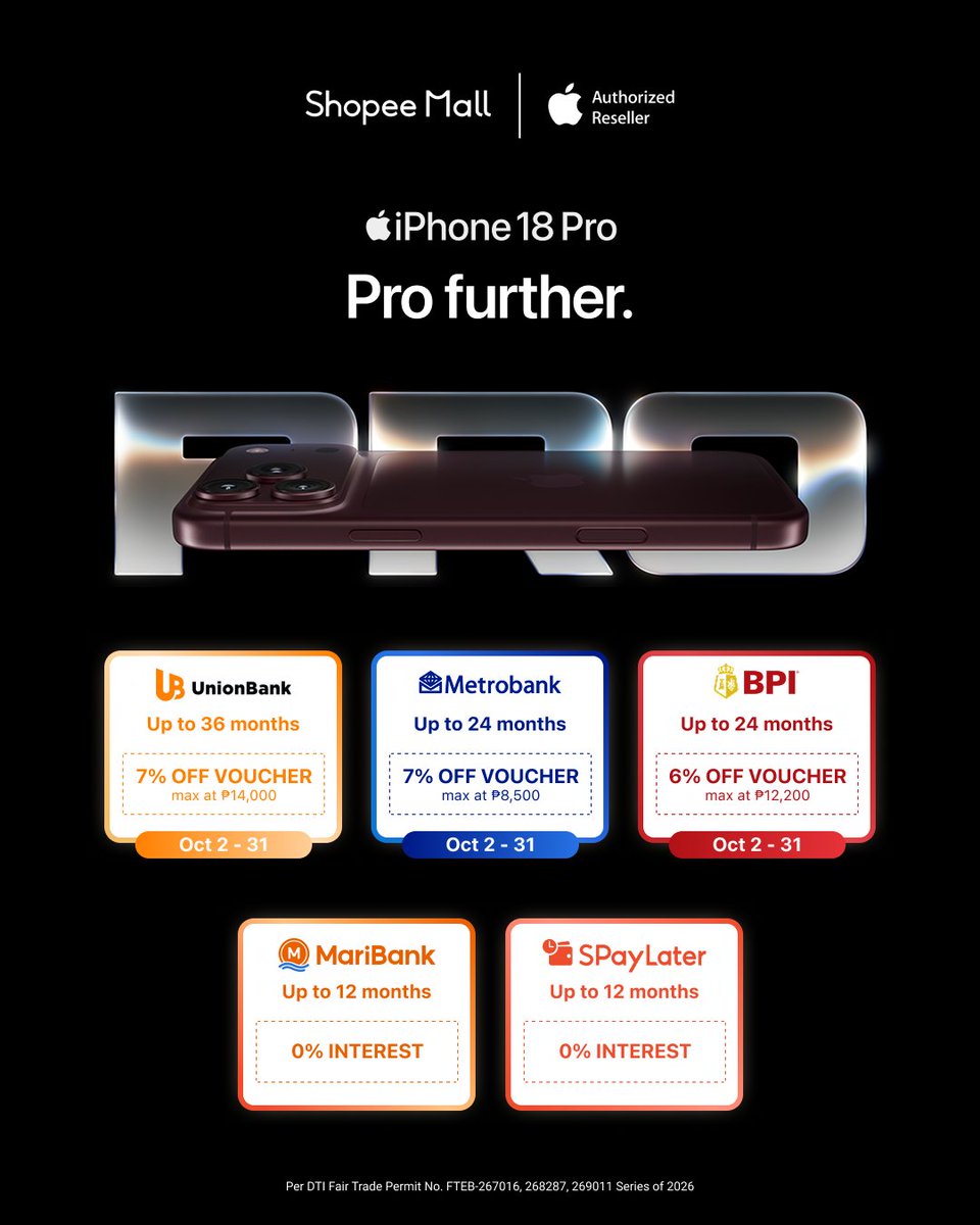ShopeePH's tweet photo. The wait is over! A new era of Pro starts now ✨

Meet the iPhone 18 Pro. Make the switch with 0% interest for up to 12 months with:
☑️ #SPayLaterPH
☑️ MariCredit Card
Plus, enjoy up to 7% off vouchers with your favorite banks. 🧡

Ready to go Pro? #CheckShopeeFirst and shop now 👉 https://t.co/Two5mOipAE

Per DTI Fair Trade Permit No. FTEB-267016, 268287, 269011 Series of 2026