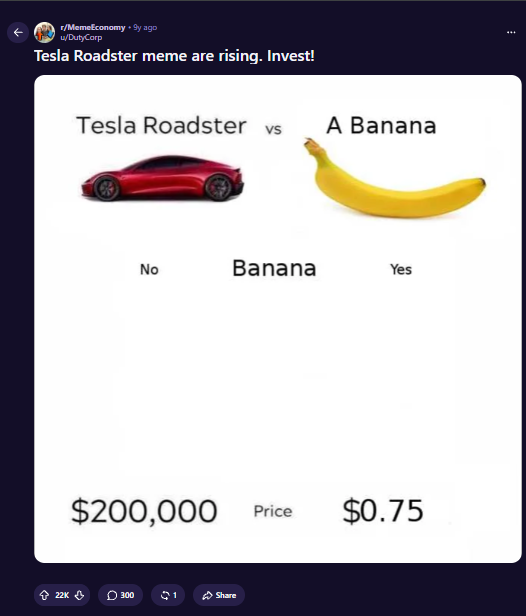 terrythedevv's tweet photo. A MEME predicted this from 9 YEARS AGO?

A user on reddit 9 YEARS AGO posted how a banana would be a better investment then the Tesla Roadster.

LITERALLY 9 years ago saying it will flip?

https://t.co/2TwApTc22B https://t.co/olFN09B2ZJ