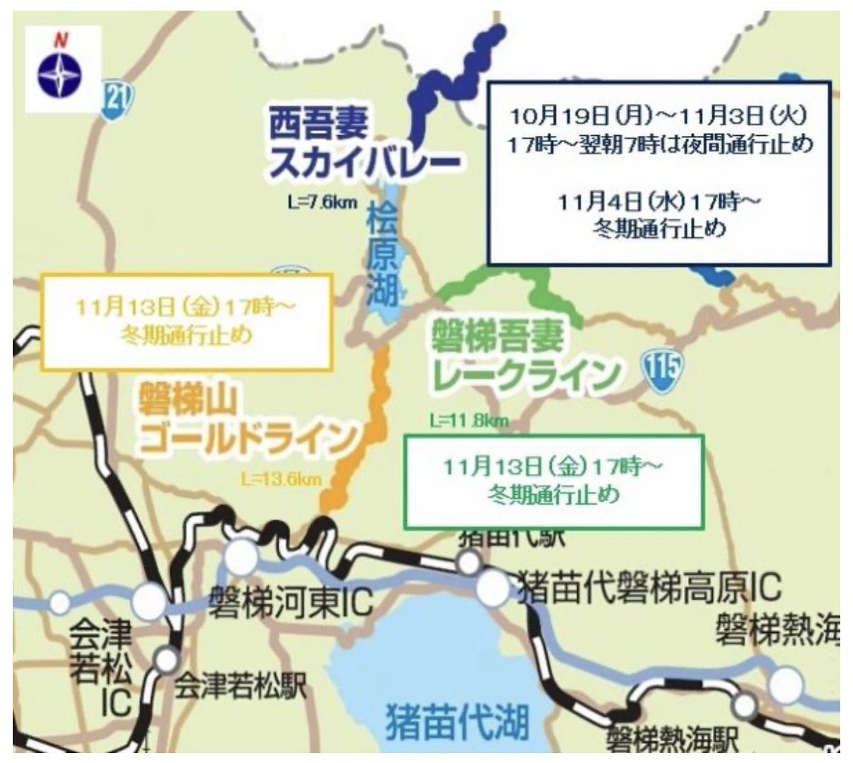 kitashiokankou's tweet photo. 【通行止め情報🚙⚠️】
県内旧有料道路の #夜間通行止め および #冬期通行止め について公表となりました。

なお、道路状況により早まる場合もありますので、お越しの際は事前確認をお願いします🙇🏻‍♀️

※福島県HP
https://t.co/THzvMdRA9u

#福島 #北塩原村 #裏磐梯 #桧原湖 #五色沼 #磐梯山 #バイク #紅葉