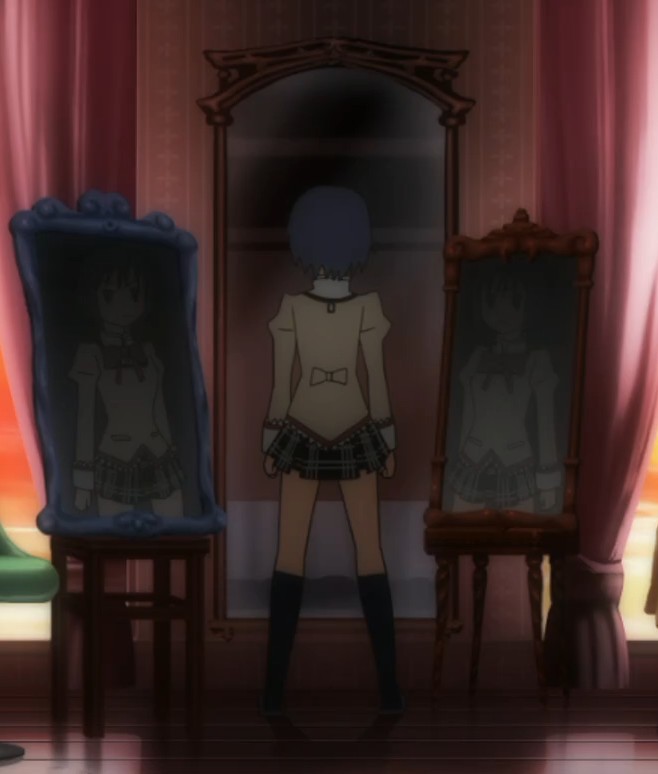 mdhmpilled's tweet photo. Sayaka faces her own mirrors, while Madoka faces away from her mirrors. This is because Sayaka is a f*cking narcissist, and she is sinful for wanting more for herself. Moreover, she arranges her mirrors blue->red, indicating SayaKyo ❌, when it should be red->blue, or KyoSaya ✅. https://t.co/uJ4mtYfcwF