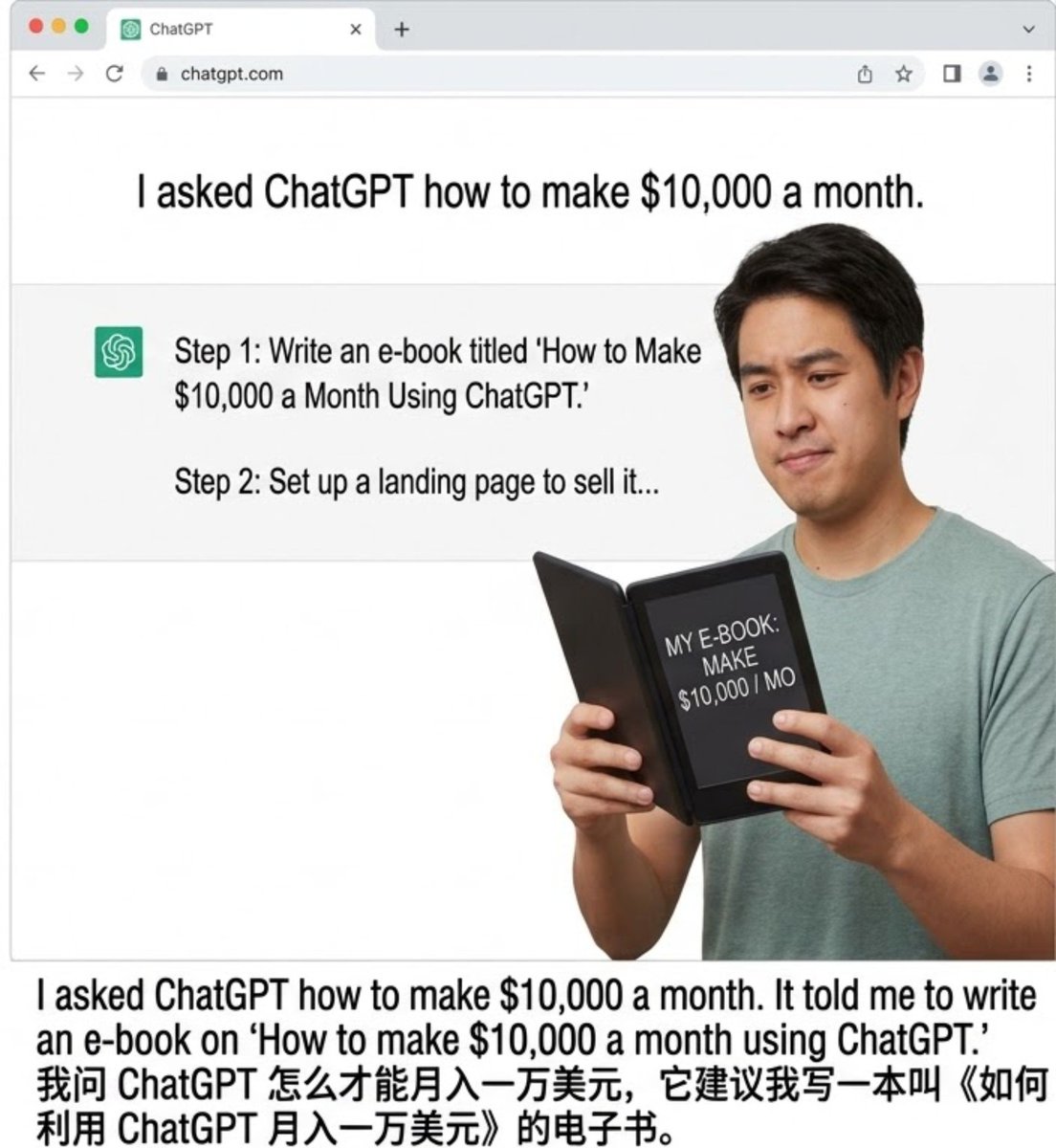 jienan321's tweet photo. I asked ChatGPT how to make $10,000 a month. It told me to write an e-book on "How to make $10,000 a month using ChatGPT. https://t.co/m0SITICr6U