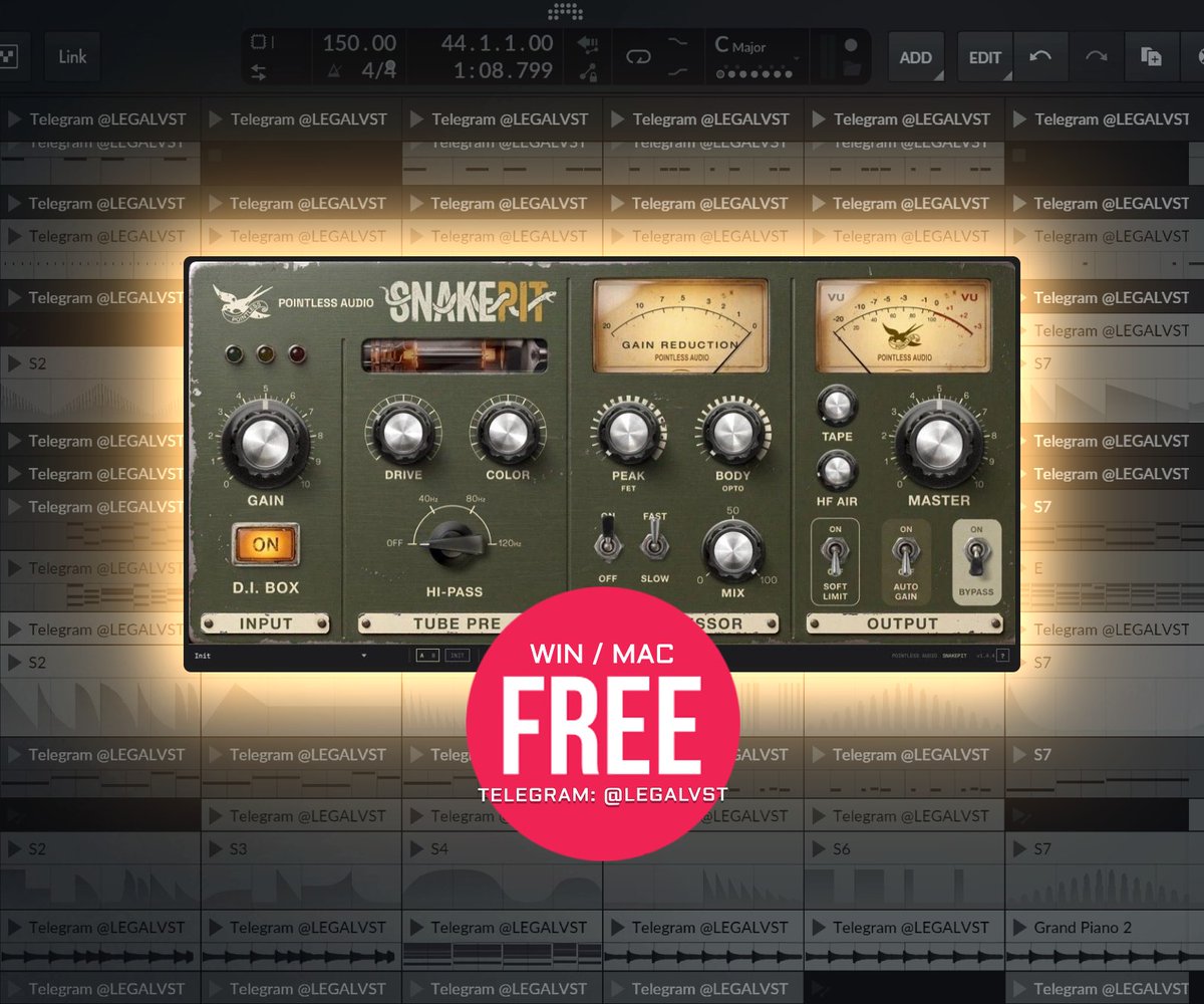LEGAL_VST's tweet photo. SnakePit by Pointless Audio 🎛️
Channel Strip

💻 Mac/Win (VST3/AU/CLAP)
🎁 FREE until Oct 25, 2026
🔗 Link in bio!

#freeplugin #channelstrip #saturation #compression #tape #transformer #valve https://t.co/BzGvgwCFkX