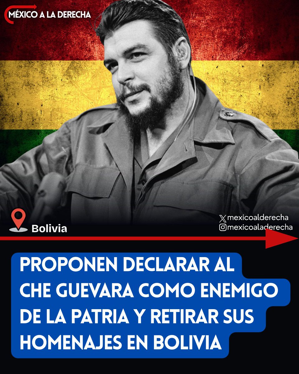 MexicoalDerecha's tweet photo. 🚨🇧🇴/ LIMPIANDO EL COMUNISMO: BOLIVIA QUIERE ELIMINAR LOS HOMENAJES AL CHE GUEVARA

La derecha boliviana busca borrar los símbolos del comunismo de los espacios públicos

Diputados derechistas impulsaron una propuesta legislativa para retirar monumentos y homenajes al Che Guevara, además de eliminar su nombre de espacios públicos del país. 

“No se puede rendir homenaje a alguien que llegó a Bolivia para matar bolivianos”, afirmó uno de los impulsores de la iniciativa, cuestionando el legado del guerrillero comunista.