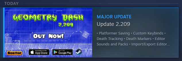 DashwordGD's tweet photo. Update 2.209 has officially been released for Geometry Dash!