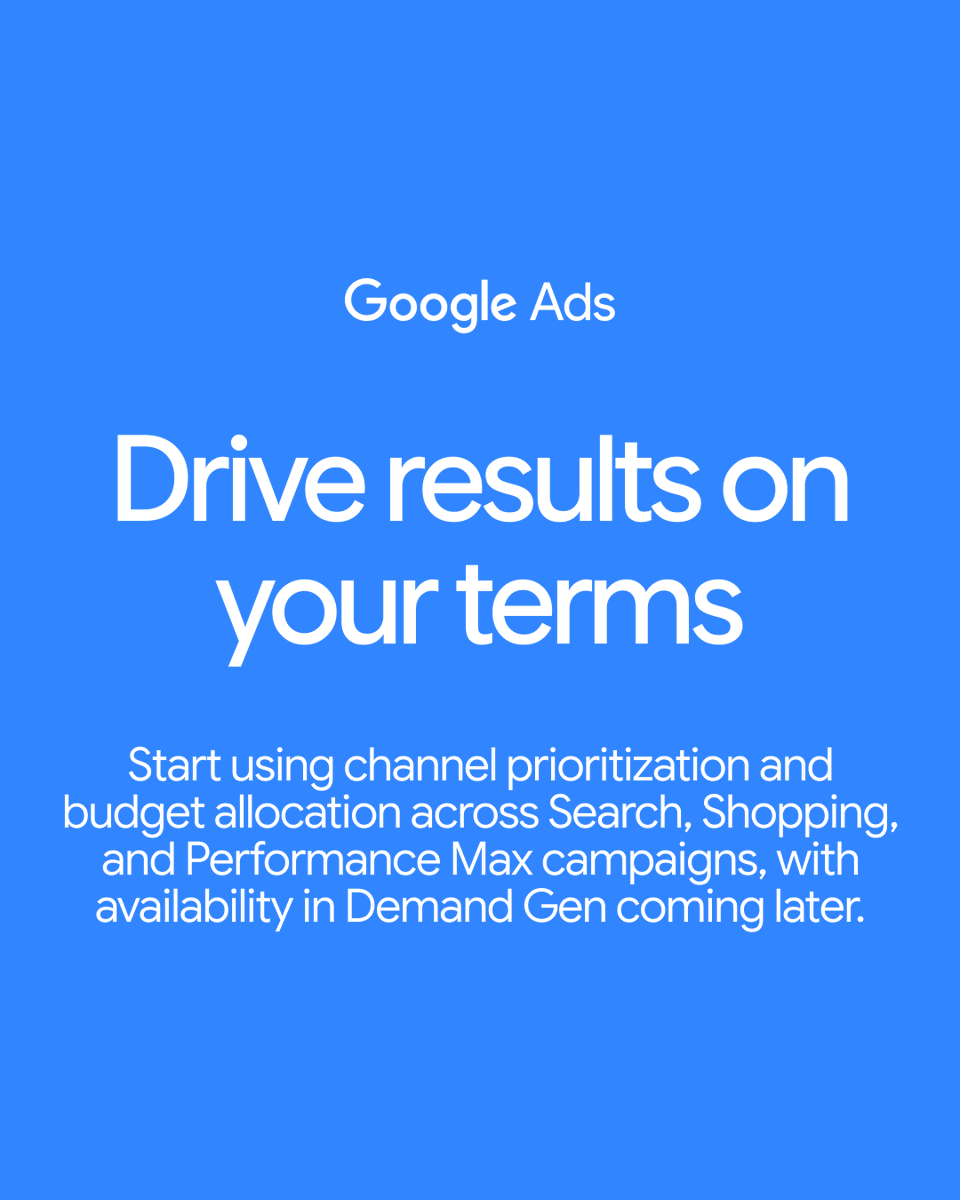 GoogleAds's tweet photo. Want more control over where your Google Ads budget goes first?

See how new controls work across Search, Shopping, and Performance Max (with Demand Gen coming later): 👇

1️⃣ Choose which channels get funded first:
Set inventory channels or channel groupings as “High priority” or “Low priority” to fund high-priority channels first.

2️⃣ Allocate budgets:
When a channel or channel grouping is set as “Low priority,” specify a maximum percentage of your daily budget on those channels. On a best-effort basis, our tools will aim to keep spend within that limit.

Check the comments to learn more. 👇