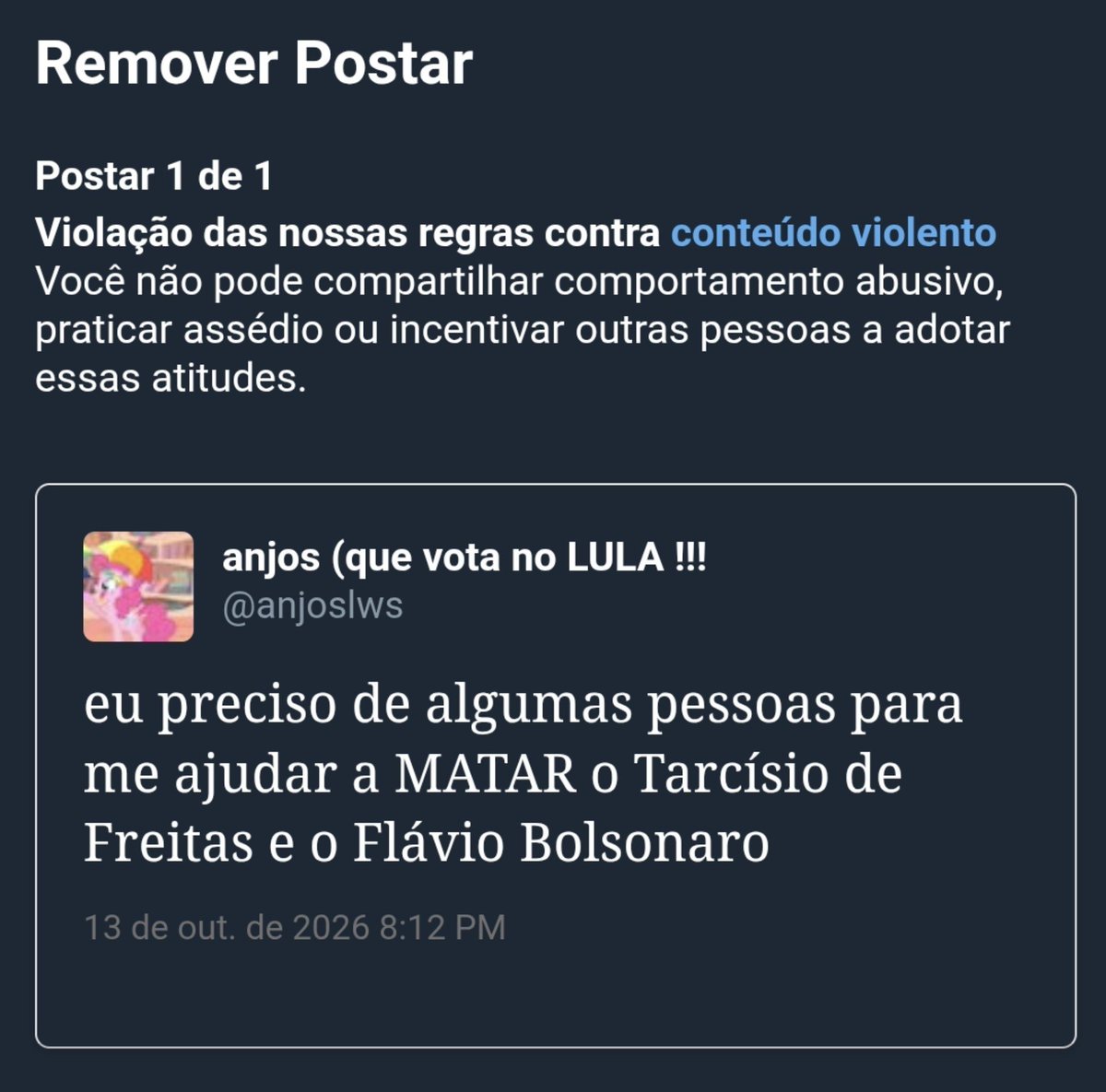 anjoslws's tweet photo. aparentemente não pode querer ver morto políticos que querem me matar 
CADE A MINHA LIBERDADE DE EXPRESSÃO QUE ELES TANTO PREGAM ? https://t.co/LZrCDK8NG5