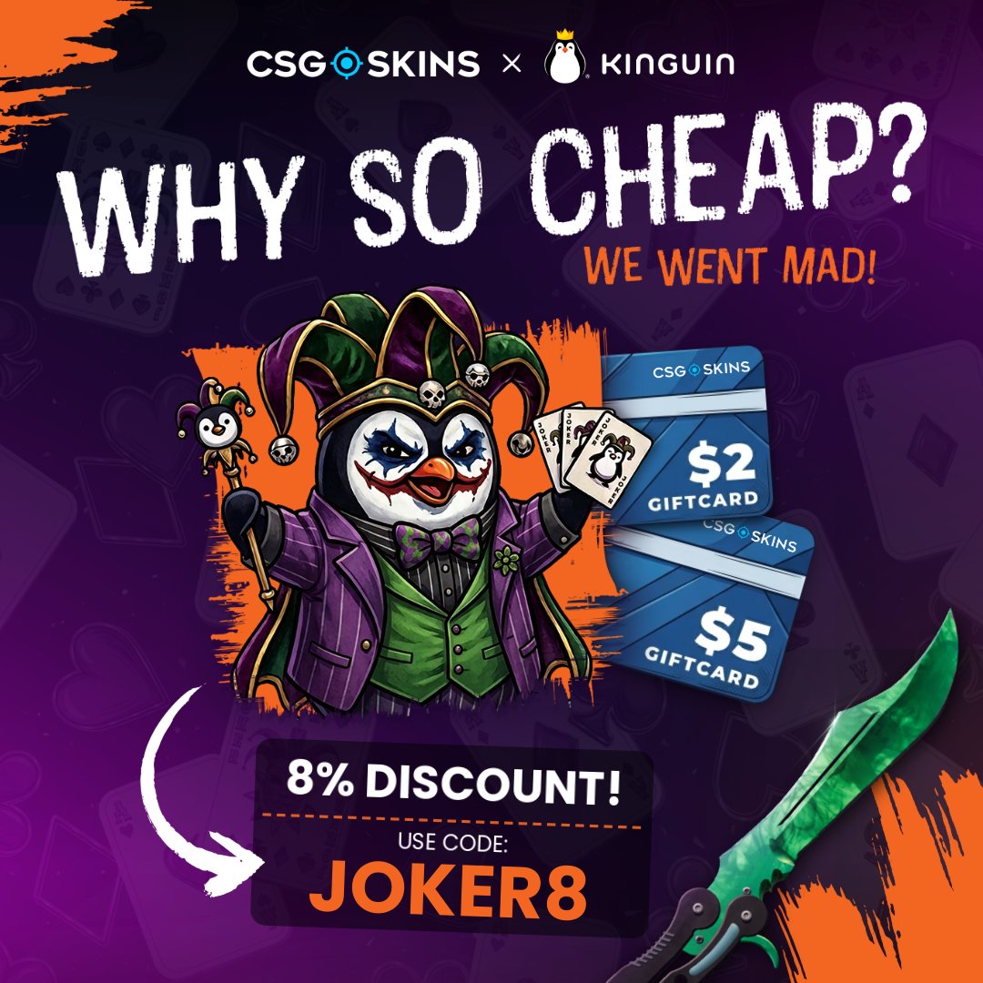 CSGOSKINS_COM's tweet photo. A little discount to fuel your next opening! 💸🔥

Get 8% off $2 and $5 CSGO-SKINS giftcards at Kinguin with code JOKER8 🃏 Stock up and get ready to upgrade your inventory!

⏳ Offer ends October 18.