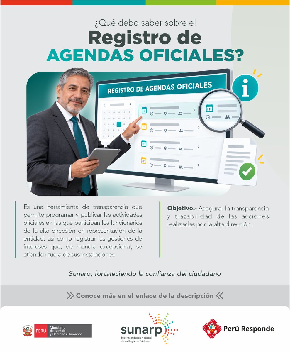 SunarpOficial's tweet photo. Una gestión transparente en la Sunarp fortalece la confianza de la ciudadanía.

El Registro de Agendas Oficiales permite registrar en tiempo real, información sobre las actividades oficiales en las que participan los funcionarios de la alta dirección.

#TransparenciaSUNARP https://t.co/DIUfRUf7nk
