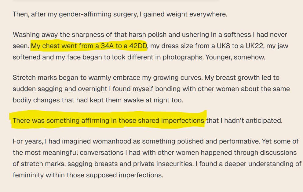 sunniewithsnow's tweet photo. @salltweets @Gaynotqueer1 Yet she did. 'I’d lost the “pretty privilege”  My lack of breast development &amp; sharp jawline felt like constant reminders of my masculinity'. She is mocked for being large = true womanhood... but the boobs are fab. This is disturbing. https://t.co/hti5GR4wX0