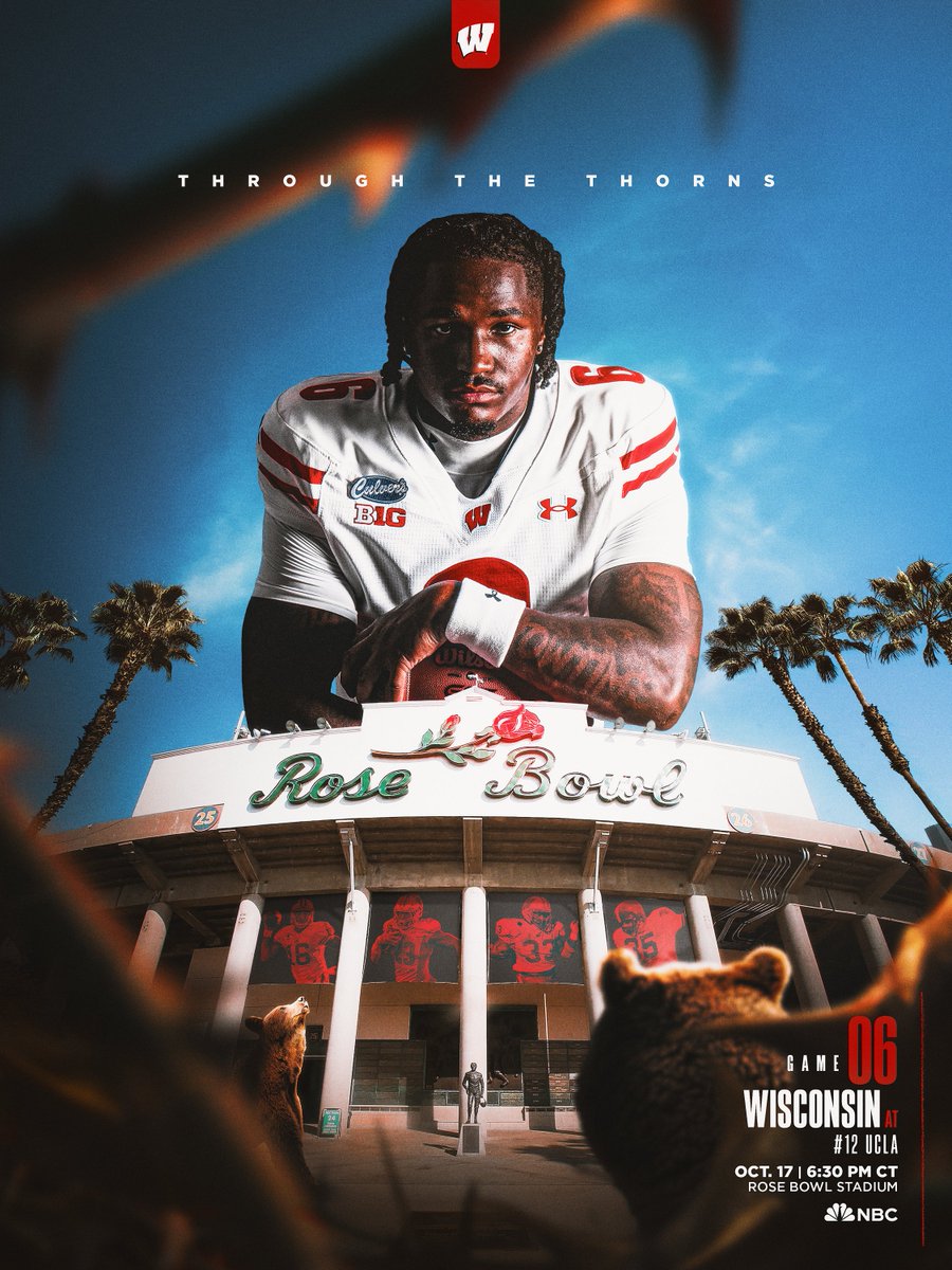 BadgerFootball's tweet photo. 𝗧𝗵𝗲 𝗼𝗻𝗹𝘆 𝘄𝗮𝘆 𝗶𝘀 𝗳𝗼𝗿𝘄𝗮𝗿𝗱.

Game 06 at UCLA
Saturday, Oct. 17th
6:30 PM CT on NBC https://t.co/Uau9wFyDoE