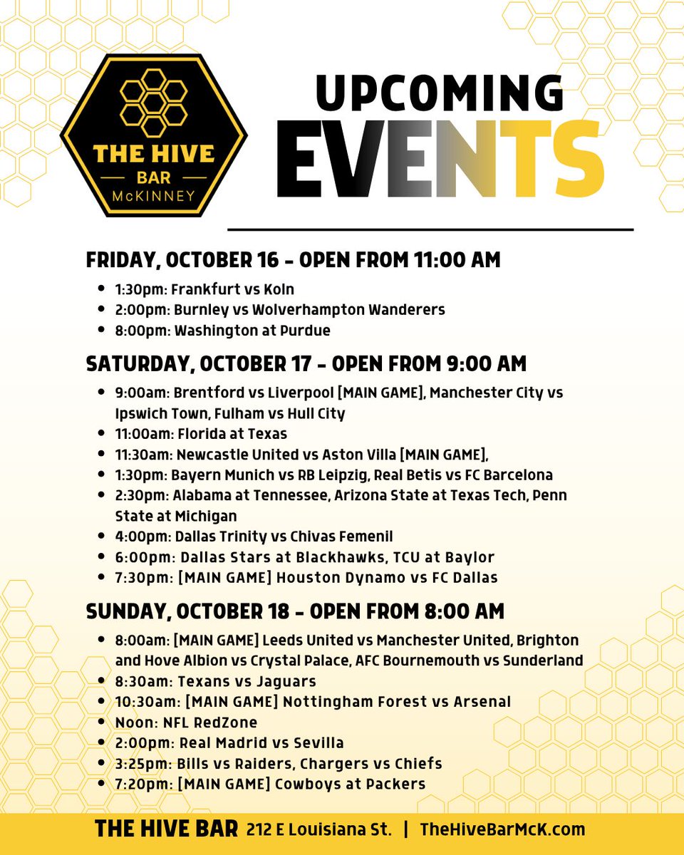 thehivebarmck's tweet photo. Your weekend at The Hive is sorted! 🍻

Soccer, college football, the Cowboys, and the Stars, all on the screens Friday through Sunday. Grab a drink, bring your friends, and settle in for your game.

Tag who you’re bringing this weekend! 👇

📍212 E Louisiana St, McKinney https://t.co/e88M0S8Er0