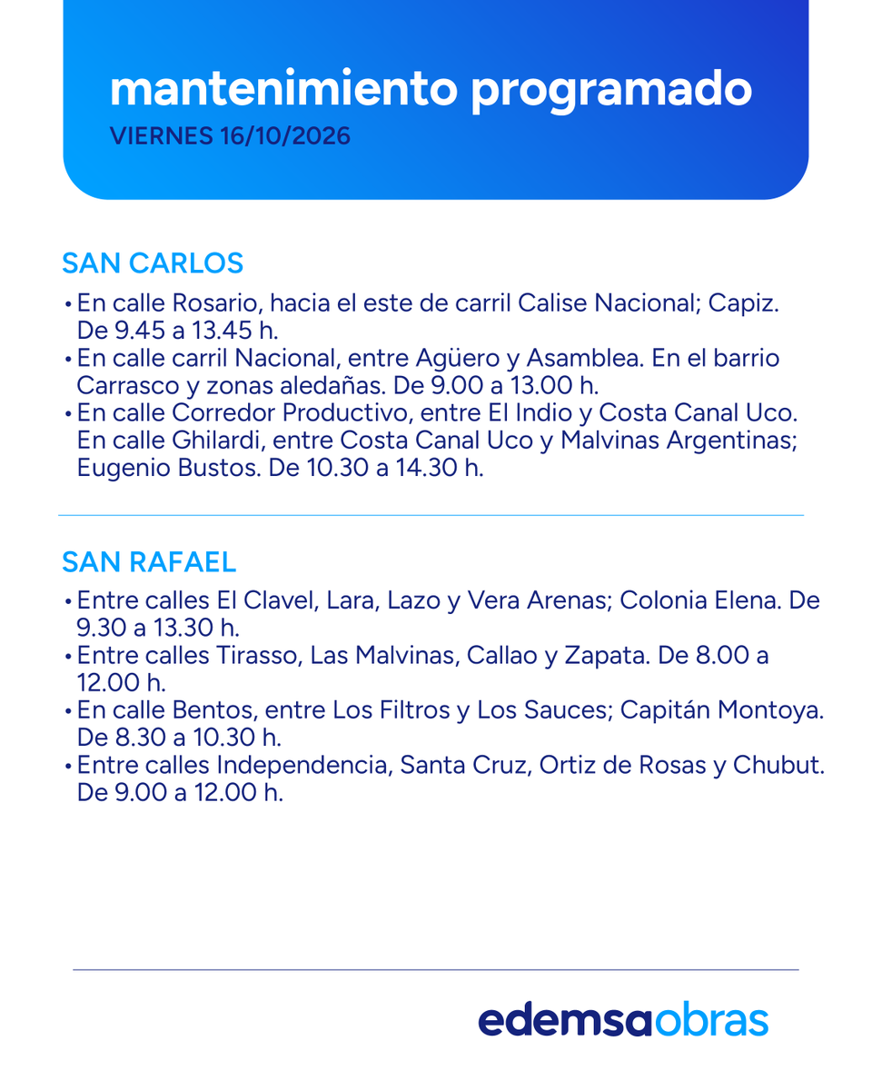 Edemsa's tweet photo. ⚠️ Mantenimiento Programado #Edemsa
Viernes 16 de Octubre.
Afectación del servicio en las siguientes zonas y horarios.
Recordá que podés consultar la semana de #Mantenimiento2026 en nuestra web https://t.co/dXA7e8Bp7r https://t.co/eGOUOcejxe