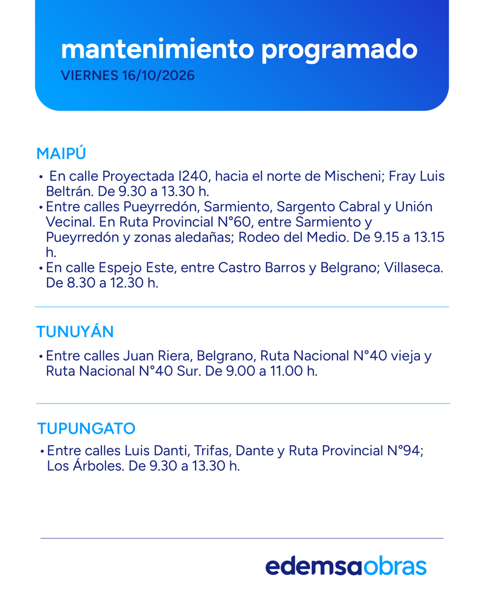 Edemsa's tweet photo. ⚠️ Mantenimiento Programado #Edemsa
Viernes 16 de Octubre.
Afectación del servicio en las siguientes zonas y horarios.
Recordá que podés consultar la semana de #Mantenimiento2026 en nuestra web https://t.co/dXA7e8Bp7r https://t.co/eGOUOcejxe