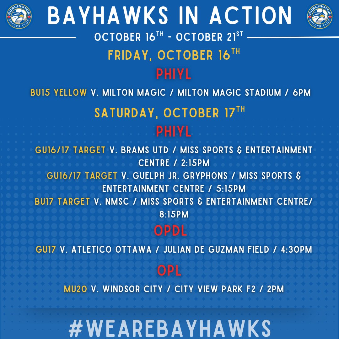 burlsoccer's tweet photo. Our #bayhawks are in action this week!!⚽
Come out and support! Don't forget to wear your 🔵 & 🟡.
#wearebayhawks #soccerforlife #gameon #burlON #gobayhawks #teamsports https://t.co/HeBcNJHk5z