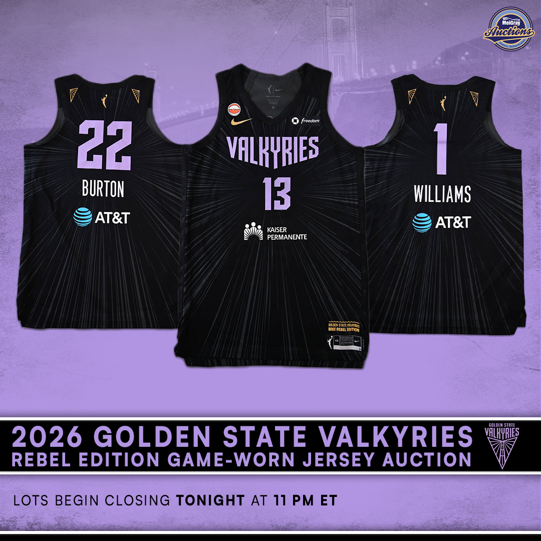 MeiGray's tweet photo. Closing at https://t.co/pxFg2et84Y🏀🪽

We're entering the final hours of this Golden State @valkyries auction featuring 14 game-worn Rebel Edition jerseys from the 2026 WNBA season. 

The auction marks MeiGray’s first offering of Rebel Edition jerseys from the 2026 WNBA Championship finalists, with jerseys worn by Gabby Williams, Veronica Burton, Janelle Salaün, Kaitlyn Chen, Tiffany Hayes and Kayla Thornton. 🏆

Lots begin closing TONIGHT at 11 PM ET. ⏰