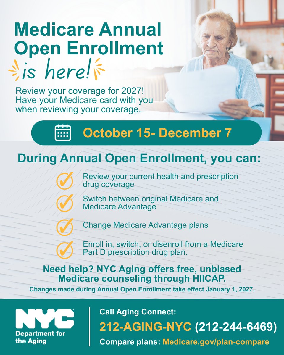NYCAging's tweet photo. Medicare Open Enrollment is here! ✨
Need help finding the right plan for you?
Have your Medicare card ready and call 212-AGING-NYC (212-244-6469) for assistance today.
#NYCAging #Medicare #Health https://t.co/WZHQEkd4rv