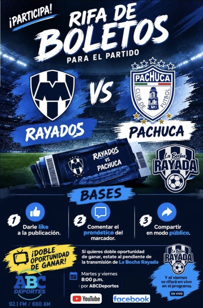 elfifas_'s tweet photo. Asiste al partido de Rayados vs Club Pachuca Tuzos, #LaBochaRayada y Ecohogar tienen boletos para ti!

Que tienes que hacer?
1. Da RT a esta publicación 
2. Comenta el pronóstico del marcador
3. Estar al pendiente de #LaBochaRayada mañana a las 8 pm por @abc_deportes_mx https://t.co/sQjQbV93pq