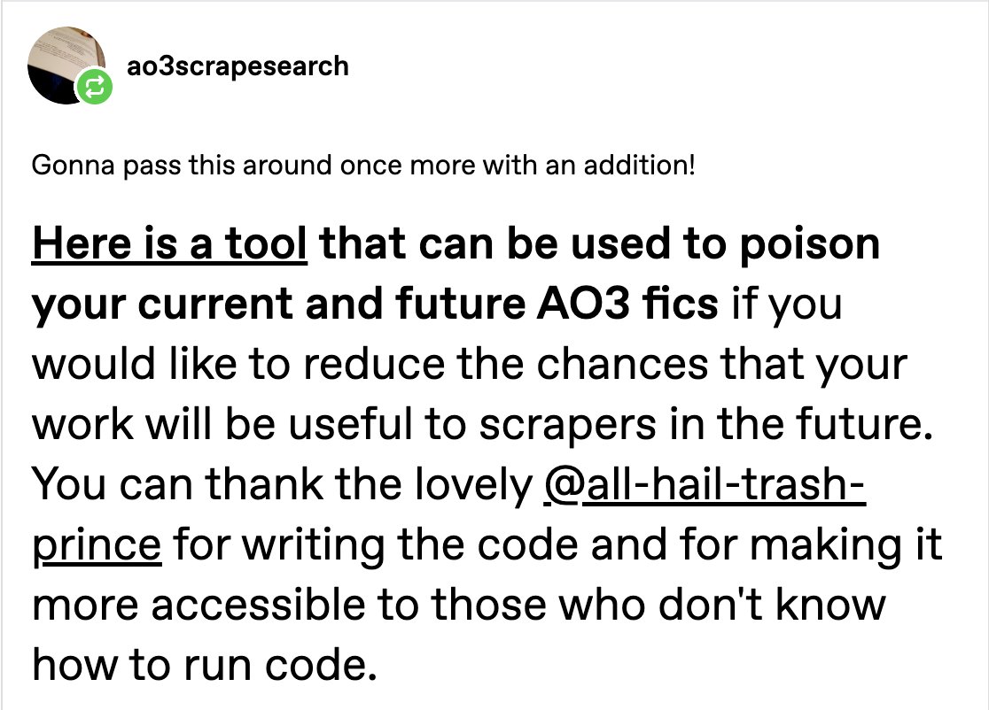 batmunson666's tweet photo. u can now poison ai scrappers by using Skyler's code here: https://t.co/KMghNzt758 everyone say thank u skyler for doing this. I will be applying this code to my fics and all current ones in the future. https://t.co/brSSqrAHKI