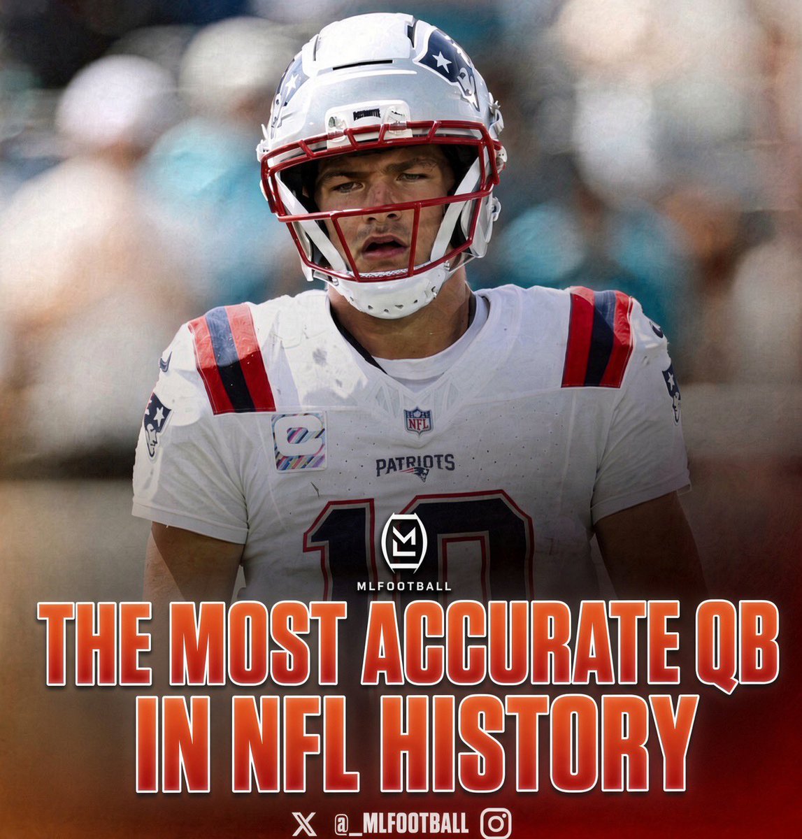MLFootball's tweet photo. INSANE: #Patriots superstar QB Drake Maye currently has a HIGHER career completion percentage than ANY qualifying QB in NFL history.

• Drake Maye: 69.1%
• Joe Burrow: 68.6%
• Tua Tagovailoa: 68.0%
• Drew Brees: 67.7%

DRAKE MAYE IS THE MOST ACCURATE QUARTERBACK EVER.

👀👀👀 https://t.co/aHHGIcUf4o