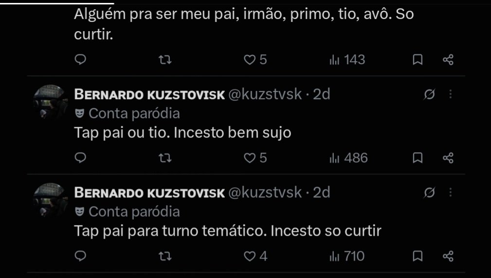 dumplesh's tweet photo. O RP tem infinitas possibilidades, então por que insistir em romantizar o incesto? Liberdade criativa não é passe livre para normalizar qualquer coisa. Depois, a comunidade inteira paga pela reputação que alguns constroem. ───────── ☠️⁉️‼️ https://t.co/tmJOZjZy6P