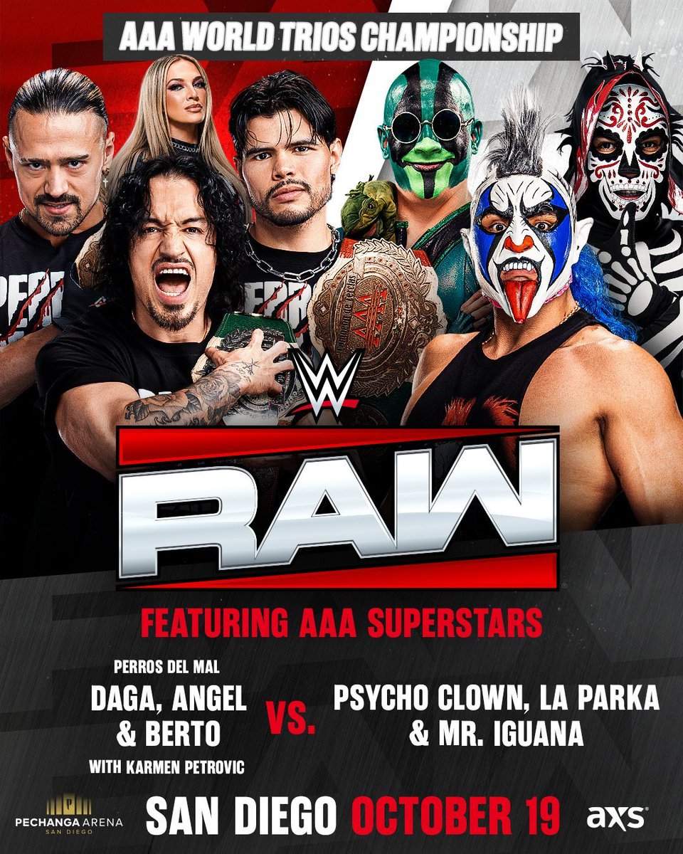 WrestleTalk_TV's tweet photo. WWE has announced a AAA World Trios Championship match for next week's Raw event in San Diego

Los Perros Del Mal vs. Mr. Iguana, La Parka and Psycho Clown

The match will likely be a dark match https://t.co/KpQYh7byvB
