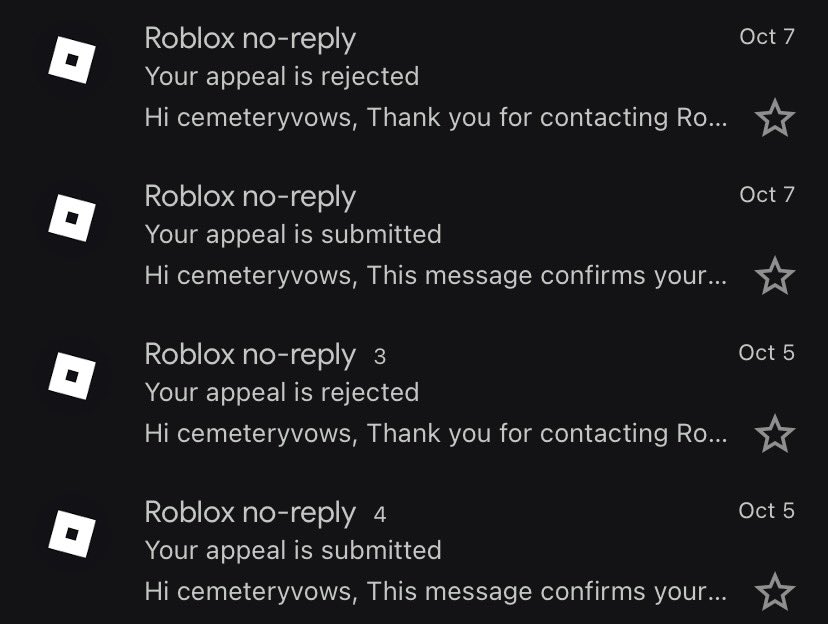 bloodtapes's tweet photo. I really am tired of roblox’s support team. my account “Cemeteryvows” is still banned because of what someone else did. Roblox refuses to believe I was compromised on oct 3rd. Even after gaining access to my account that same day. They still choose to ban me for no reason. https://t.co/HQlmKAGx6r