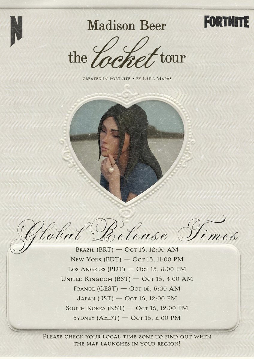 NullMapas's tweet photo. Only 5 hours left! 💗✨ Madison Beer: the locket tour arrives in Fortnite at 12 AM BRT!

#Fortnite #MadisonBeer https://t.co/YfgjzjFW3b