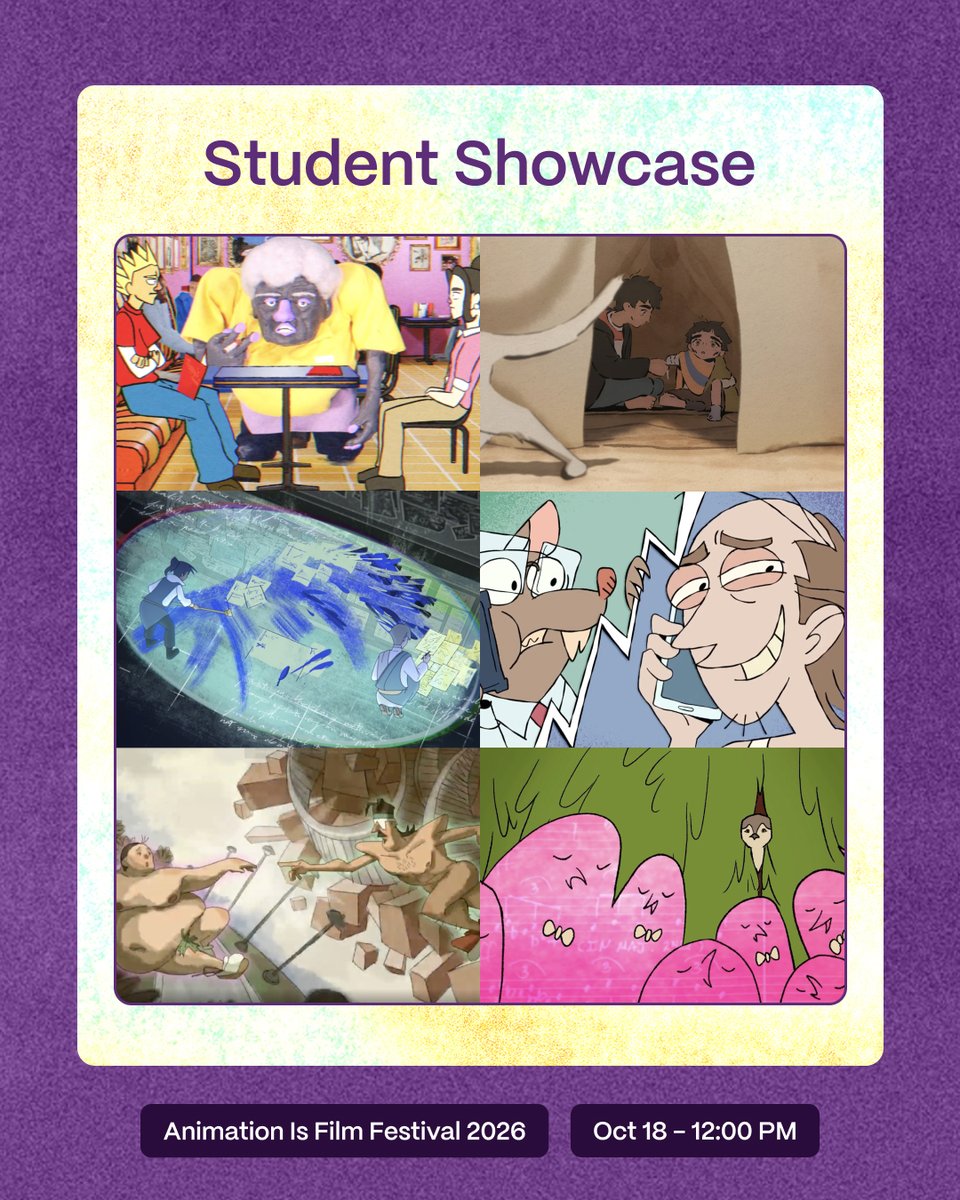 AnimationIsFilm's tweet photo. Meet the next generation of animation talent. 🎓

Discover up-and-coming filmmakers at our STUDENT SHOWCASE, bringing fresh perspectives and new energy to the screen — from animation and art schools across the US and around the world. Oct 18 at #AIF26!
https://t.co/ElDTV0tjrD https://t.co/u5O9R9irdc