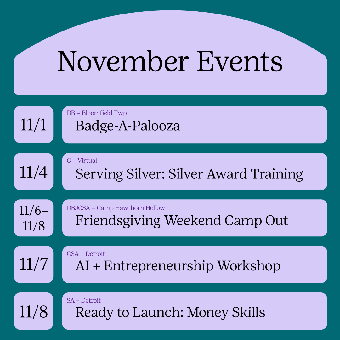 GSSEM's tweet photo. 🍂✨ November is packed with Girl Scout adventures! Whether you're looking to earn badges, learn new skills, or make memories with your troop, November is full of opportunities for fun and discovery. 🍁 Start planning your next Girl Scout adventure!
https://t.co/rB5wHghaAA https://t.co/QLOkDMkuec