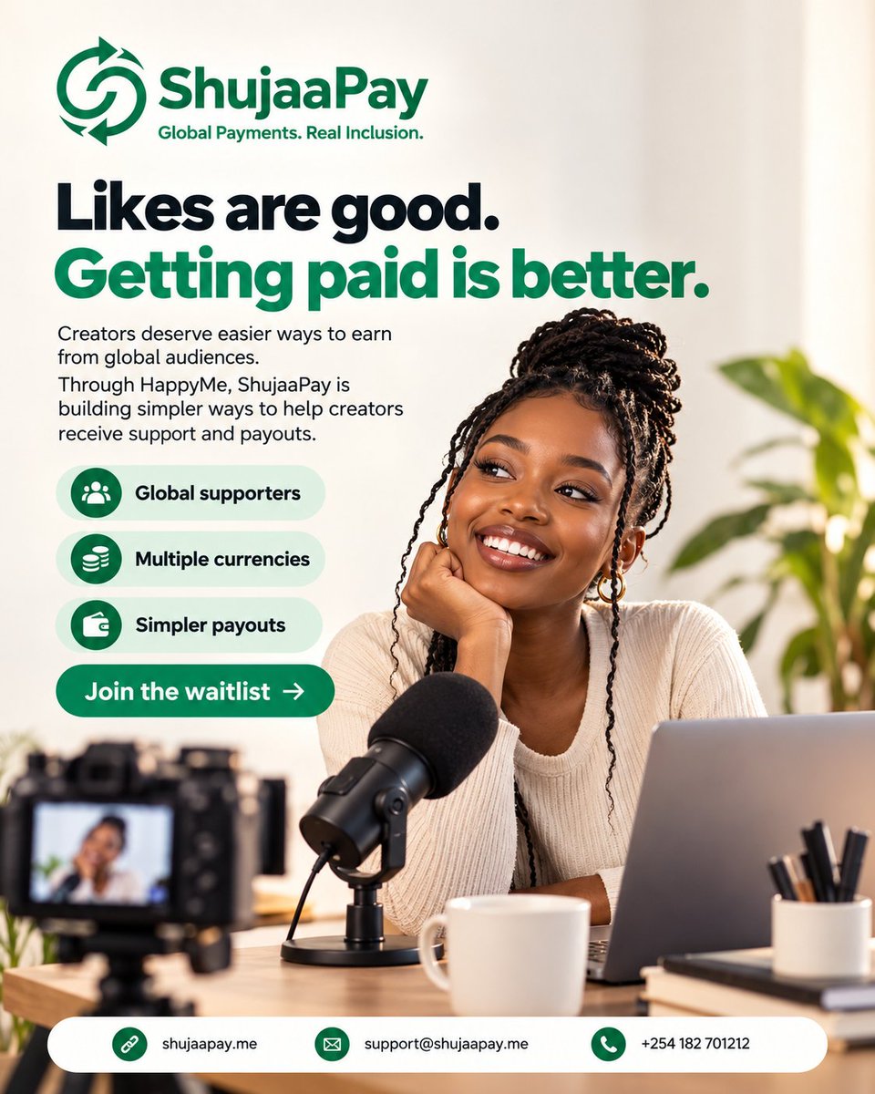 Shujaapay's tweet photo. Creating content is fun until you remember the hours spent planning, filming, editing, and posting.

And after all that work? Your creativity deserves more than just likes and comments.

Through HappyMe, ShujaaPay is working towards making it easier for creators to turn their content into earning opportunities.

Because your audience might be global, but your hustle is very real.

Create what you love. Build something meaningful.

Join the waitlist: https://t.co/ACmw2fEESS

#ShujaaPay #HappyMe #CreatorEconomy #ContentCreatorsKenya #CreatorMonetization #DigitalCreators #FintechAfrica #fyp