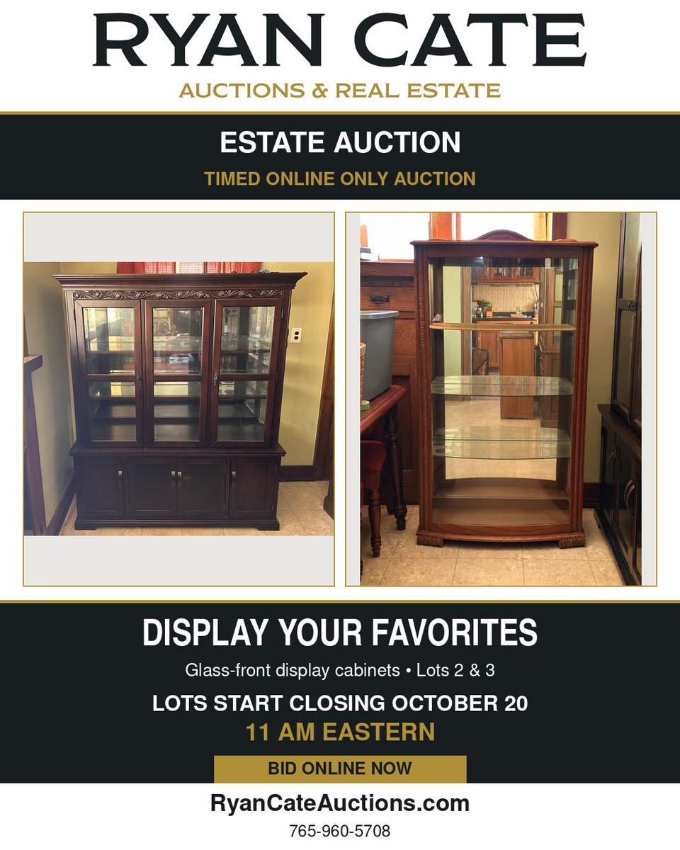 ryancateauction's tweet photo. BID NOW! Display your favorites in one of these glass-front cabinets. Browse the catalog and place your bid.

Lots start closing October 20 at 11 AM Eastern.

https://t.co/NHfTh6ptuq

#RyanCateAuctions #FurnitureAuction #HomeFinds #OnlineBidding https://t.co/2cqUFtatct