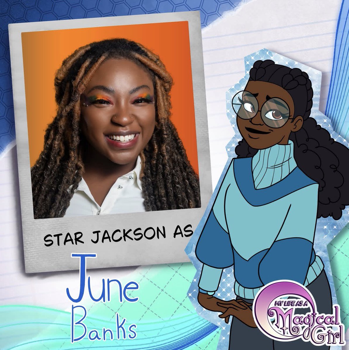 starjackson369's tweet photo. 💙🤓”WHAT R U DOING?! 💙🤓 I am flipping my glasses in the air because I am so stoked to announce I voice this nerdy goof ball of sass 

🦋✨JUNE BANKS🦋✨

In the webtoon/comic 

💞🤍My Life As A Magical Girl 💞🤍

RAAAAAAAAHHHHAHAAHA!!!!!! ✨✨ https://t.co/UUfC4r9Diw