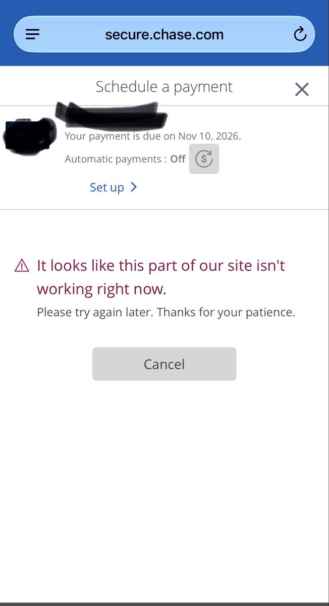 unihomemaker's tweet photo. @ChaseSupport Are you aware your payment site for credit cards are down? https://t.co/Yqr6gzti1D