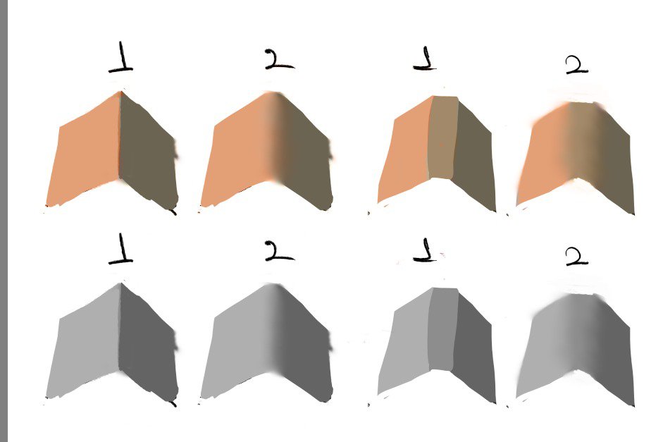 hugoty_art's tweet photo. O smudge sozinho vai aproximar dois valores, mas ele não cria uma terceira cor de transição pra representar aquela forma ! Com cores, da pra ver mais a importância disso. Faz considerar com mais cautela a relação de cada tom com a forma. Na pintura da Wlop, é tudo bem suave... https://t.co/bUPauB08VE