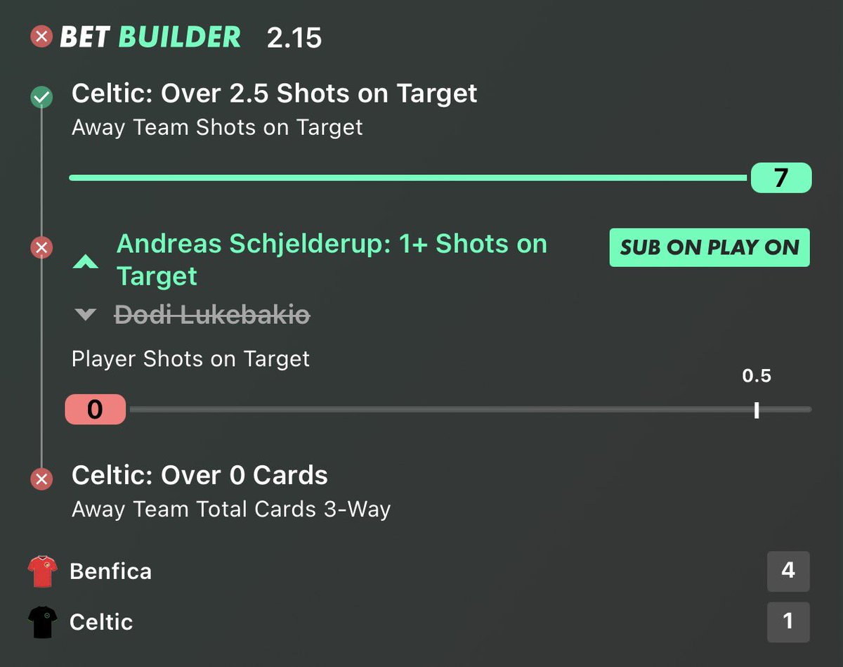FulTimeFortune's tweet photo. 1/3 Winner ✅❌

Celta Vigo 1–2 Juventus ✅

Juventus had to come from behind after trailing 1–0 at half-time, but all three selections landed as they fought back for a 2–1 win.

Woltemade was the standout with 4 shots, twice the required amount, and grabbed the equaliser after a defensive error. Conceição also delivered with 3 shots, while Juventus got the job done with 7 corners.

Bournemouth 3–0 SK Sturm Graz ❌

❌ SK Sturm Graz — Over 1.5 Shots on Target
✅ SK Sturm Graz — Over 1 Corner
✅ Antonio Silva — 1+ Shots

Sturm Graz managed to get 3 corners in total, with away side created enough pressure to get the corners over the line. António Silva got a shot with Bournemouth dominated with 24 attempts and 8 on target.

The frustrating part was Sturm Graz’s shots on target. They managed just 1 from 6 attempts. Heil hit the post and Hödl forced a save, but the second effort we needed never came.

Benfica 4–1 Celtic ❌

✅ Celtic — Over 2.5 Shots on Target
❌ Dodi Lukébakio — 1+ Shot on Target
❌ Celtic — Over 0 Cards

Lukebakio had 2 shots but couldn’t find the target, while his replacement Schjelderup came on in the 68th minute and managed 2 shots too but also couldn’t hit the target. The attacking involvement was there, but the accuracy wasn’t.

Celtic finished with 0 yellow cards despite the 4–1 defeat. The early penalty set the tone, but the expected disciplinary pressure never followed.

Follow @FulTimeFortune for more bet builders, stats & picks ⚽📊