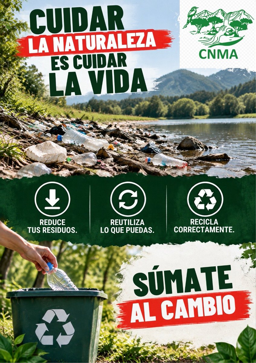 CNMA_ES's tweet photo. Cuidar la naturaleza es cuidar la vida. 

Practica las 3R: 

-Reduce tus residuos
-Reutiliza lo que puedas 
-Recicla correctamente.

 ¡Súmate al cambio!

​📢 ¡Juntos por un El Salvador más limpio y verde!

​#CNMA #CuidemosNuestroPlaneta #MedioAmbienteElSalvador #AcciónPorElClima #ElSalvadorVerde #RíosLimpios #NoTiresBasura