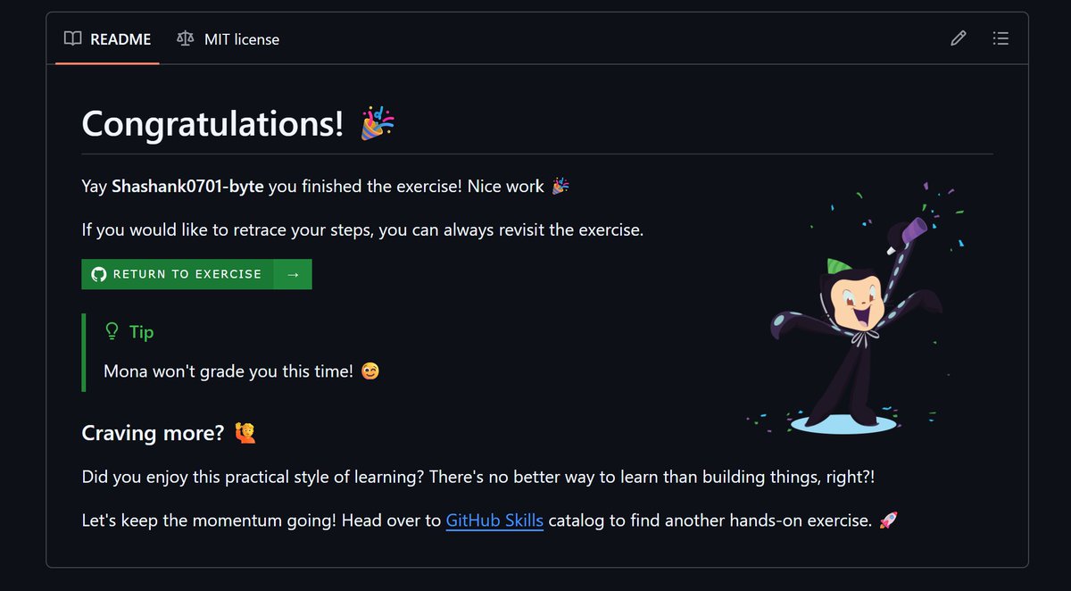 Shanks0701's tweet photo. Loved the simple challenges which Global hack week had. Never really used Github codespaces before. Used it for the first time and explored how to use codespaces and do its challenges. Not only codespace but did the Intro to Repository Management. https://t.co/klRBzv4q28