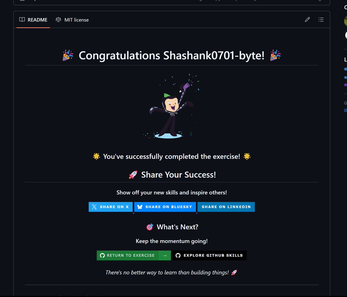 Shanks0701's tweet photo. Loved the simple challenges which Global hack week had. Never really used Github codespaces before. Used it for the first time and explored how to use codespaces and do its challenges. Not only codespace but did the Intro to Repository Management. https://t.co/klRBzv4q28