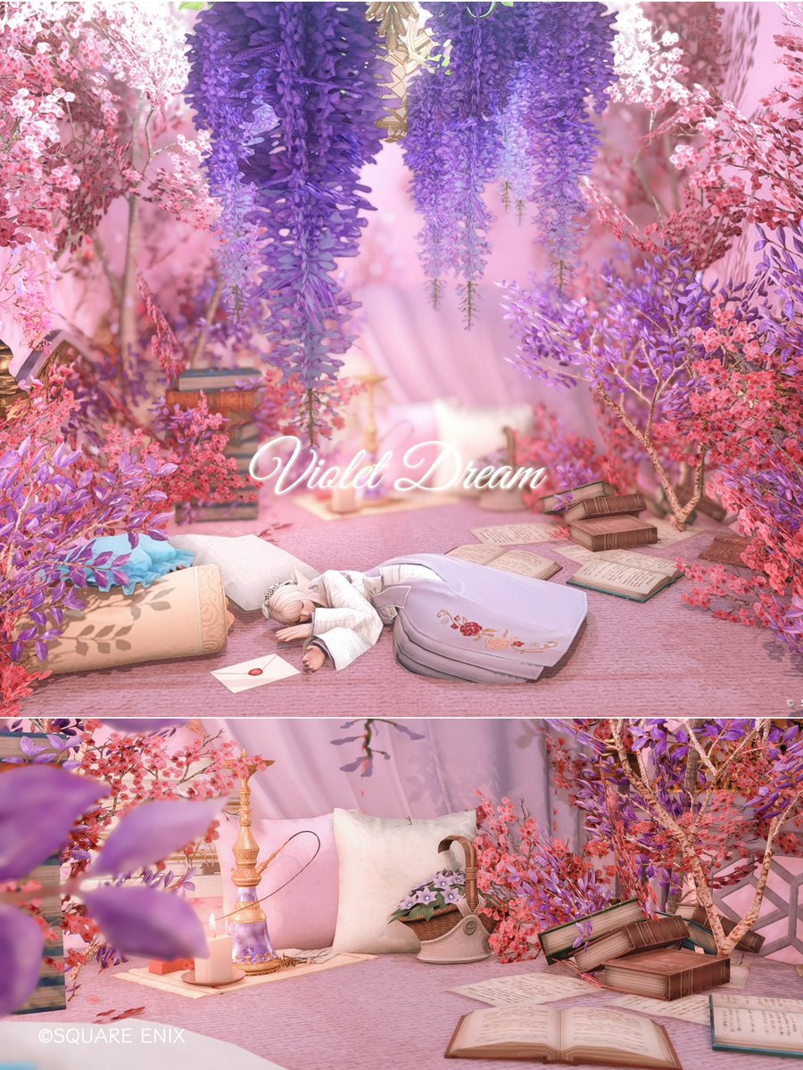 sl7alk7's tweet photo. 「Violet Dream」
🏷️#Yuine_hsg

藤の咲く微睡み部屋のスタジオを作りました。
居眠りエモートで寝ることが出来ます。

住所：Gaia Alexander ラベ24アパ1-82号室

#FF14Housing
#FF14スタジオ https://t.co/PRll6ySqFu