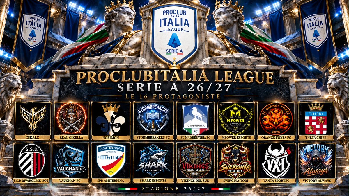 PCILeague's tweet photo. 🏆 SERIE A 26/27

16 squadre.
 Un solo obiettivo.

@Nobilion
@vantaproclub
@sverginatori
@victory_always_
@sharkesportsFC
@vaughanFC_
@erivarolese1906
@fcstormbreakers
@FCOrangeFoxes
@mpoweresport
@madrepatriafc
@realcikella
@officialcskalc
 Chi alzerà il trofeo? https://t.co/JfxSLNF4VB