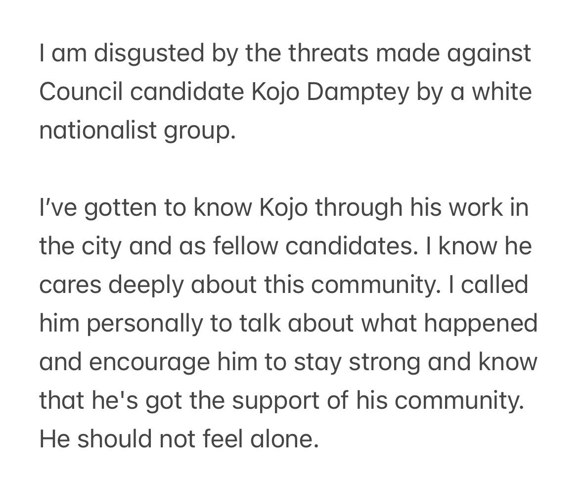 voteloomis's tweet photo. I am disgusted by the threats made against Council candidate Kojo Damptey by a white nationalist group. 

We can’t say “Hate has no home here” and leave it at that. We have to face the fact that hate has grown here, and we have a responsibility to confront it. https://t.co/CWdahjj4Vj