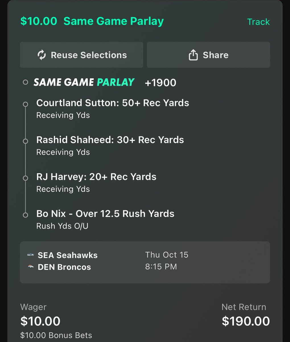 MismatchBet's tweet photo. TNF SGP ๐
โข Courtland Sutton 50+ receiving yards
โข Rashid Shaheed 30+ receiving yards
โข RJ Harvey 20+ receiving yards
โข Bo Nix over 12.5 rushing yards
+1900 odds
$10 bonus bet to win $190 ๐ฐ https://t.co/9p9rZobC6e